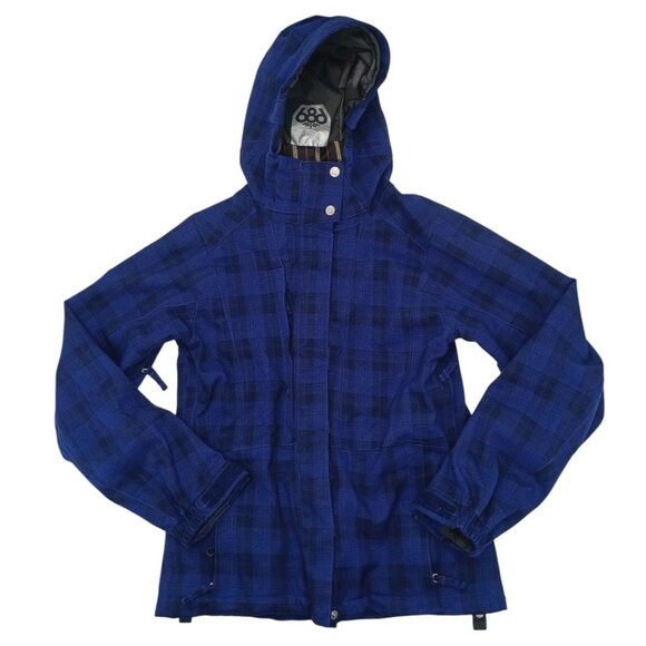 686 Smarty Jacket Womens Medium Blue Plaid Hooded Snowboard Ski Winter Coat - Picture 1 of 10